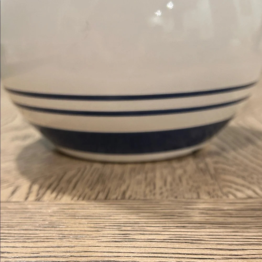 Vintage IKEA White Enamel Storage Jar with Blue Stripes and Glass Lid
